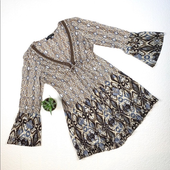 Sanctuary Silk Ikat Pattern Bell Sleeve Dress M - Picture 1 of 7